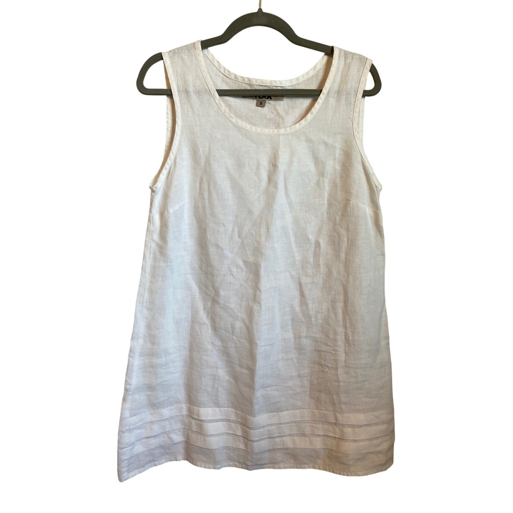 FLAX White Linen Sleeveless Tunic Top Scoop Neck Pintuck Hem Womens Size S